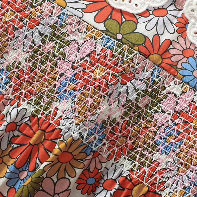 Vintage Baby Girls Summer 2025 New Kids Clothes Dress Holiday Cartoon Flowers Dresses Children's Clothing Vestidos Cotton