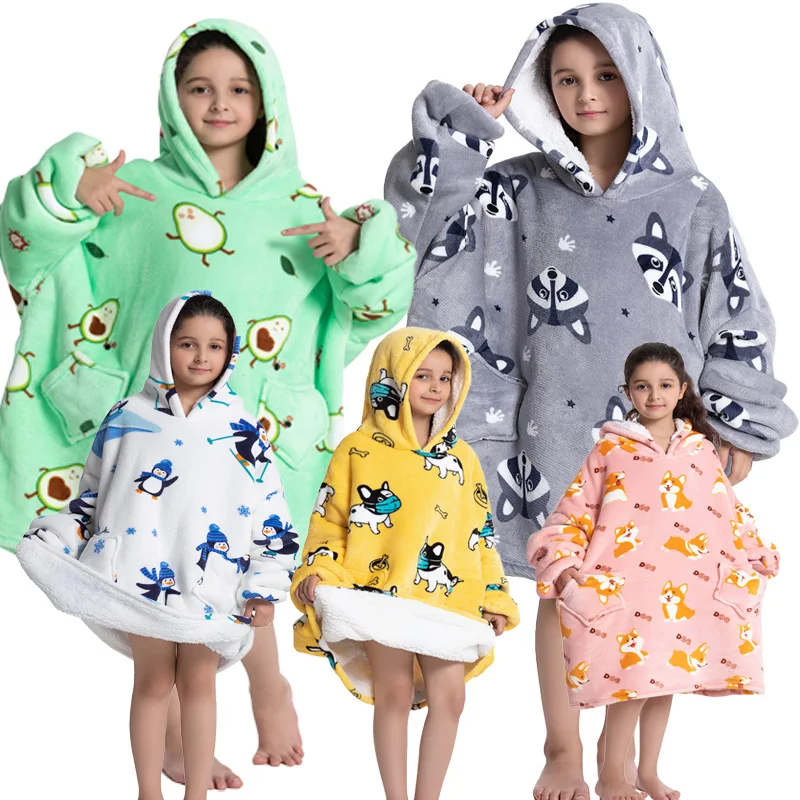 

Children's Thick Warm Flannel Lamb Fleece Loose Pullover Indoor Lazy Blanket Cartoon One-piece Pajamas Unisex Hooded Loungewear