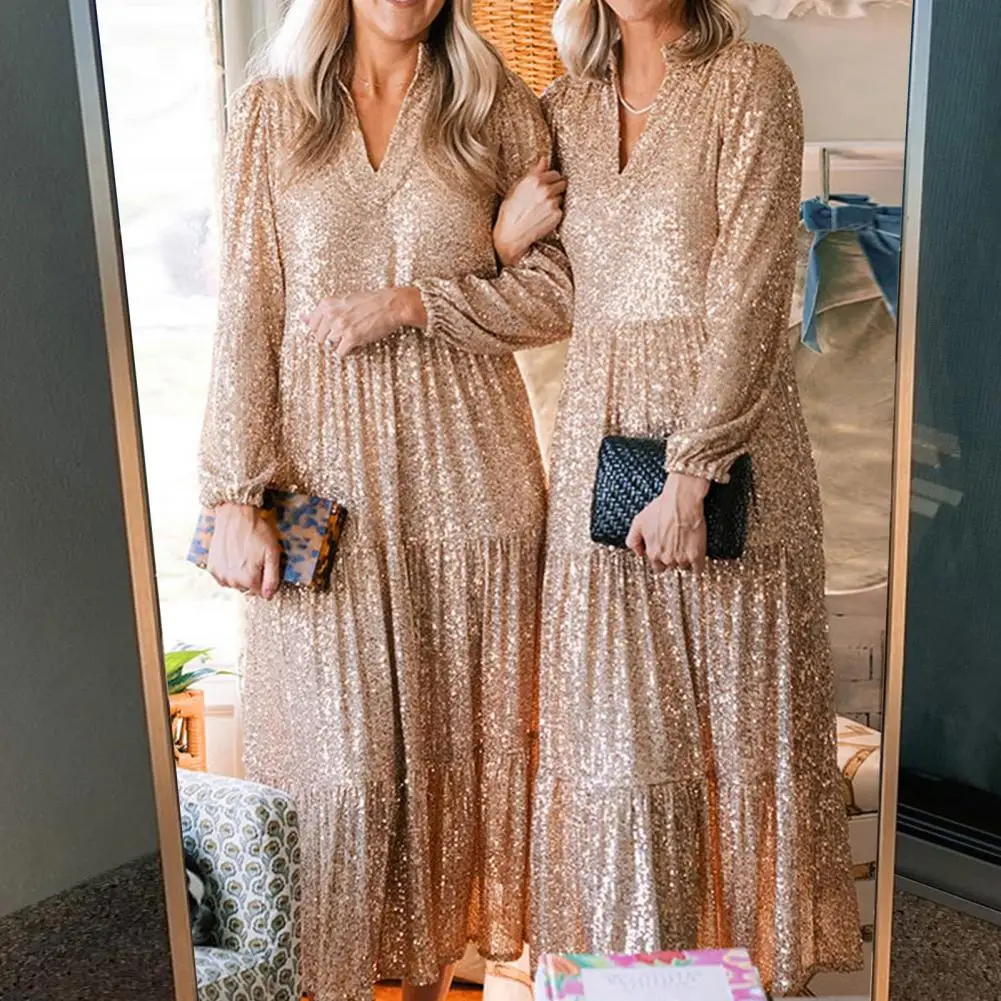 

Sequined Banquet Dress Elegant Sequin V-neck Maxi Dress for Women A-line Silhouette Shiny Embellishments Long for Parties