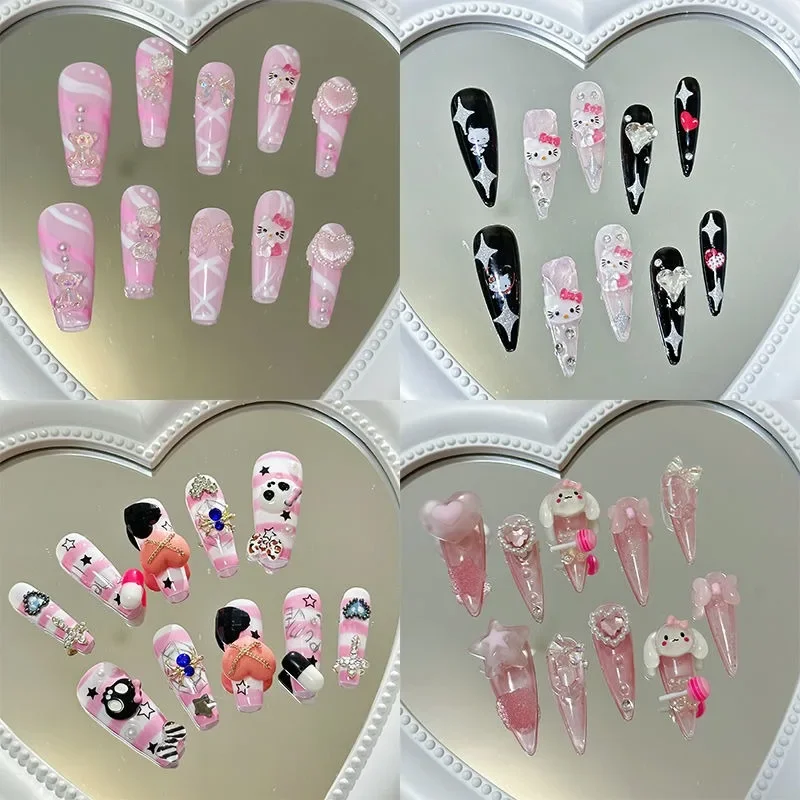 

Kawaii Sanrio Hello Kitty Kuromi Melody Sweet Cool Fake Nails Manicure Patches Y2k Rhinestone 3D Nail Patch Nail Decoration Gift