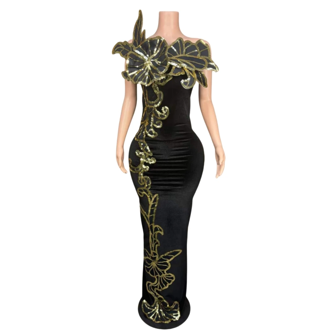 

Flower Sequins Black Dress For Women Sparkly Backless Drag Queen Costume Velvet Prom Night Evening Cocktail Dressy Singer