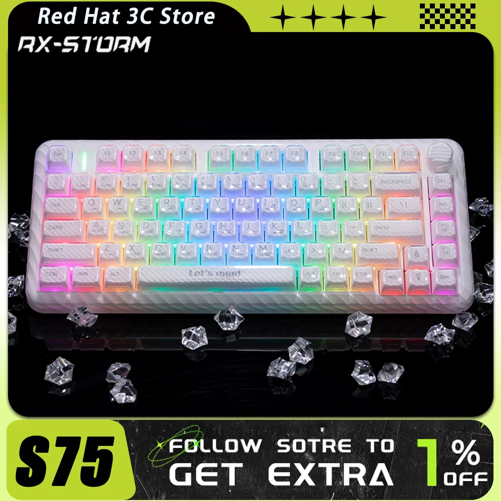 

RX S75 Mechanical Keyboard Multifunctional Knob Three Mode RGB Low Delay Hot Swap Wireless Gaming Keyboard Gasket Pc Gamer Gifts