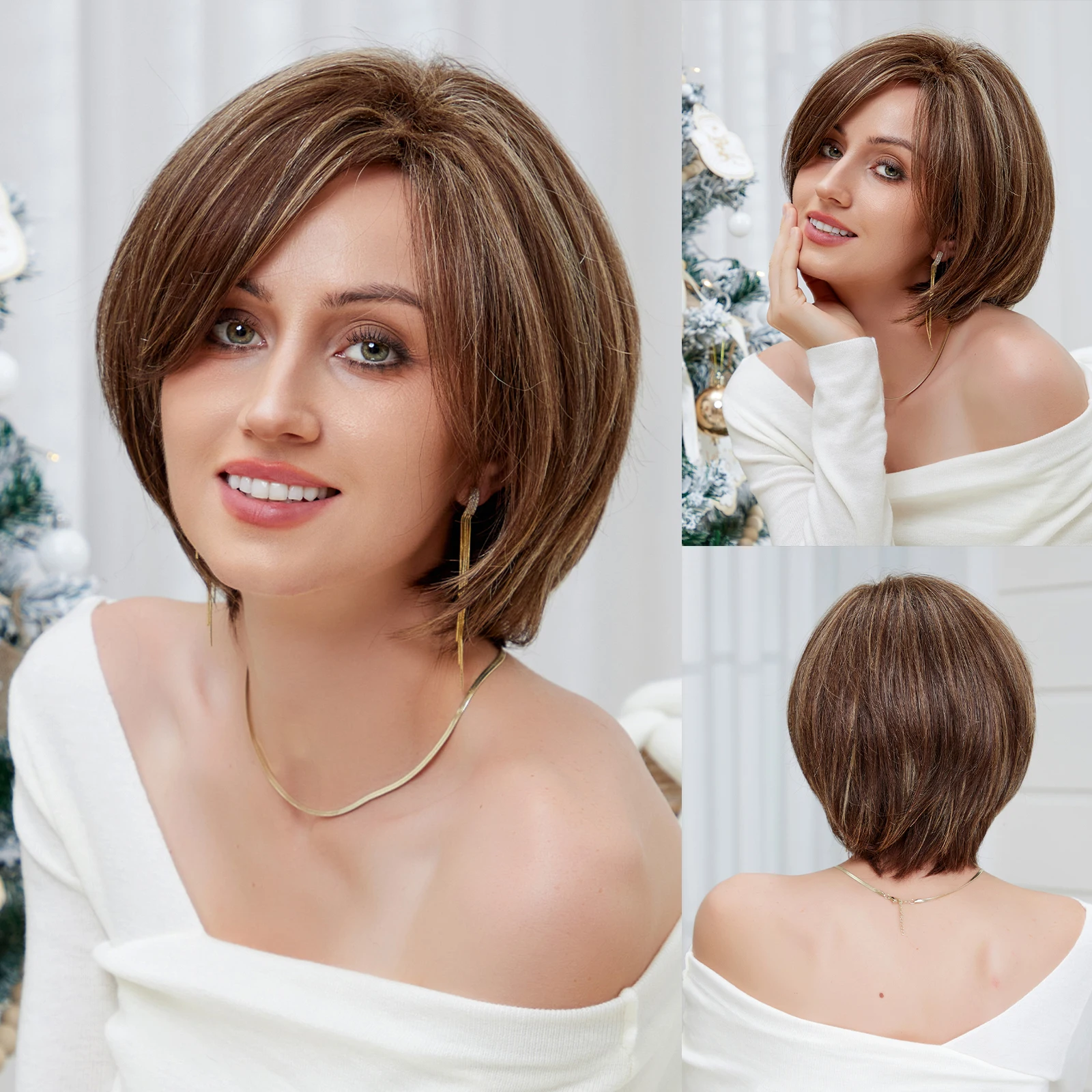 short-brown-mixed-blonde-human-hair-blend-wigs-bob-straight-synthetic-wigs-with-bangs-30-human-hairs-heat-resistant-for-women