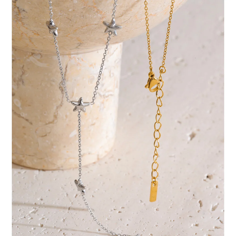 Yhpup Stainless Steel Stars Chain Drop Long Necklace Gold & Platinum PVD Plated