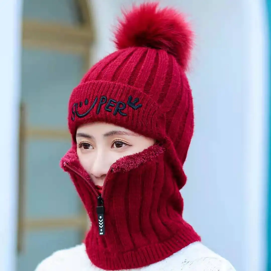 Coral Fleece Winter Women Knitted Hats Add Fur Warm Winter Hats For Women With Zipper Keep Face Warmer Balaclava Pompoms Caps 5