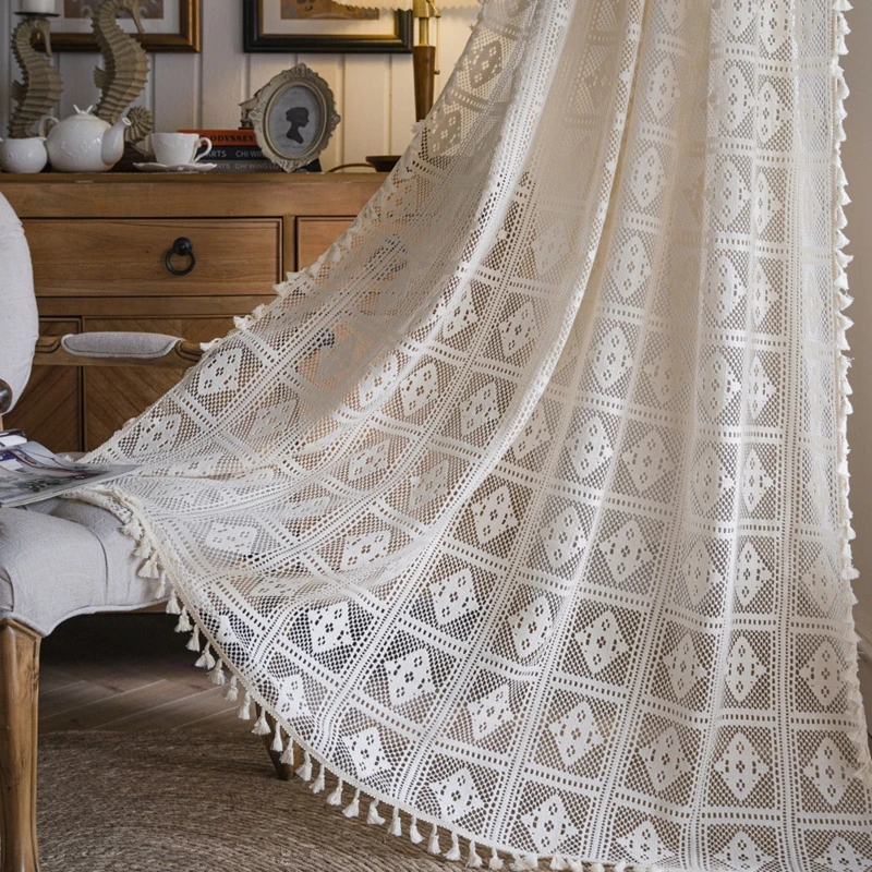 American Style Hollowed Out Beige Flower Fringe Curtain Finished Free Perforated Rod Pocket Bedroom Living Room Curtains 6