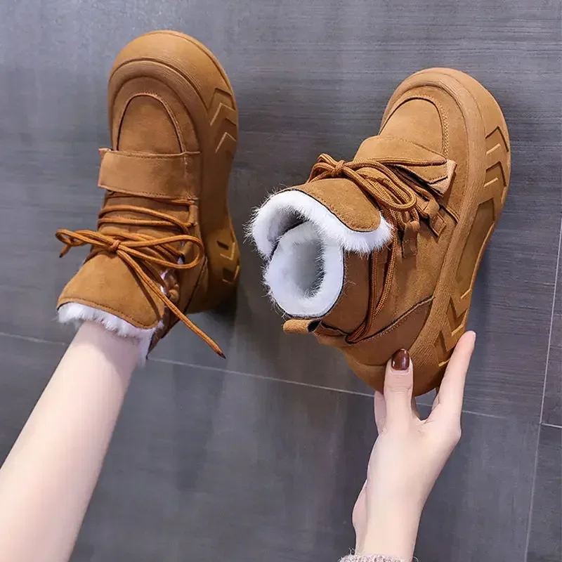 Scarpe Con Punta Tonda Alta Con Plateau Per Donna Chunky Biker Suede Marrone Stivali Da Neve Da Donna Pu Gyaru New Rock Furry Y2K Lamb Boot