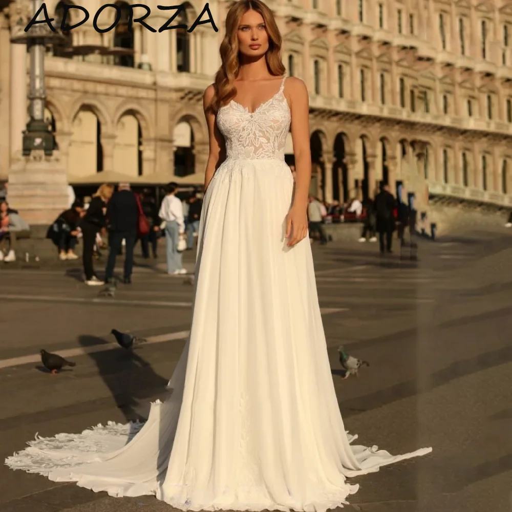 

Adorza A-line Wedding Dresses For Woman Classic Gorgeous Spaghetti Straps Appliques Hemline Criss-Cross فستان حفلات الزفاف 2024