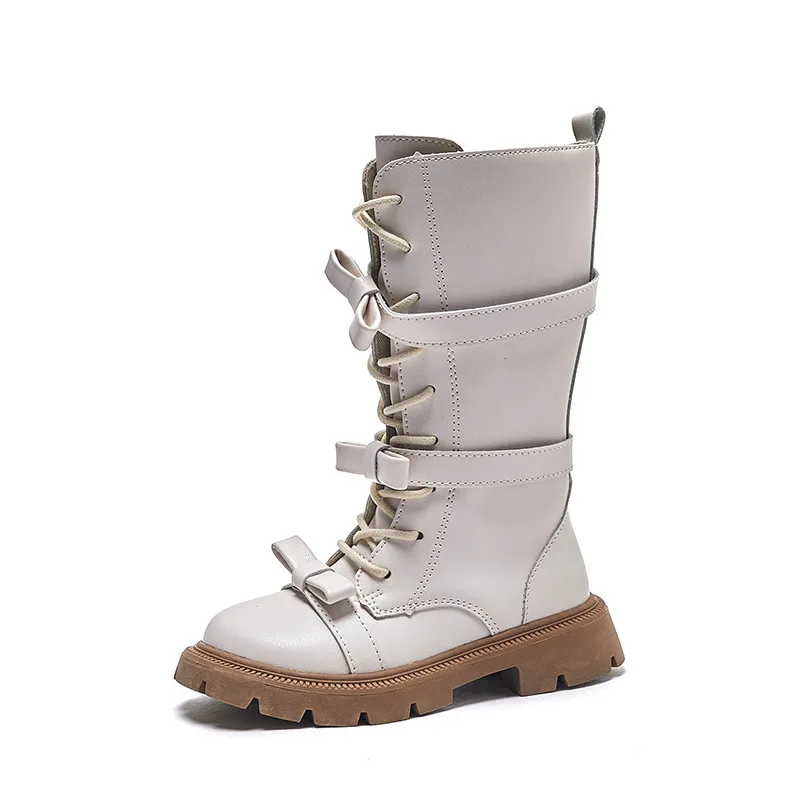 Kids'Boots 솔리드 컬러 PU 가죽 패션 가을 무릎 높이 부츠 소녀용 미끄럼 방지 통기성 블랙 화이트 사이즈 21-37