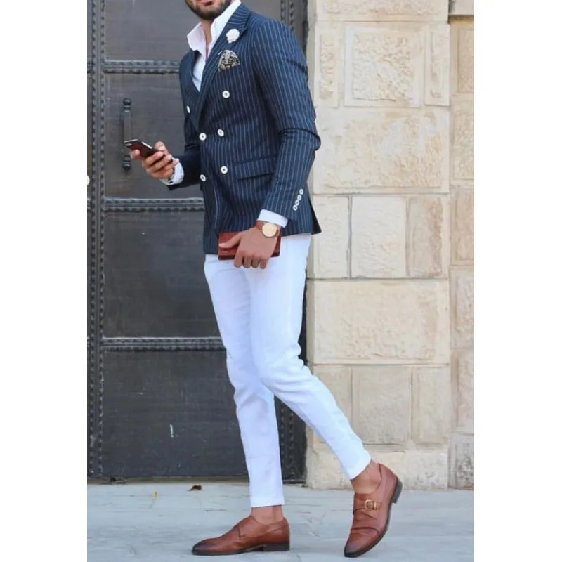 Men's 2 Piece Suit Striped Shawl Collar Wedding Groomsmen Costume Men Dinner Tuxedo Double Breasted Coat Jacket Pants