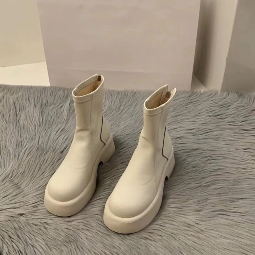 

Women's Shoes 2023 Autumn/Winter Thick Sole Chelsea Naked Boots Round Head Retro Fashion Motorcycle Ankle Booties