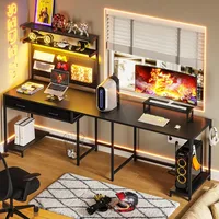 L Shaped Gaming Desk with LED Lights, Pegboard and Drawers, Gaming Desk with Hutch, Computer Desk with Monitor Stand, Sto 2
