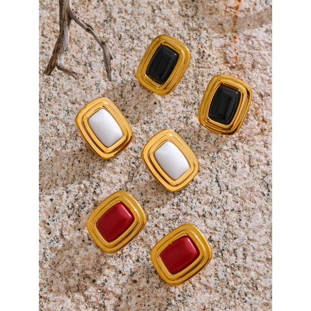Yhpup Natural Stone Red White Black Rectangle Fashion Stud Earrings for Women