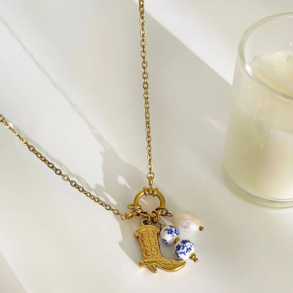Blue and White Porcelain Round Bead Pendant Riding Boots Necklace Stainless Steel PVD Gold Color Cowboy Boot Pearl Choker Bijoux