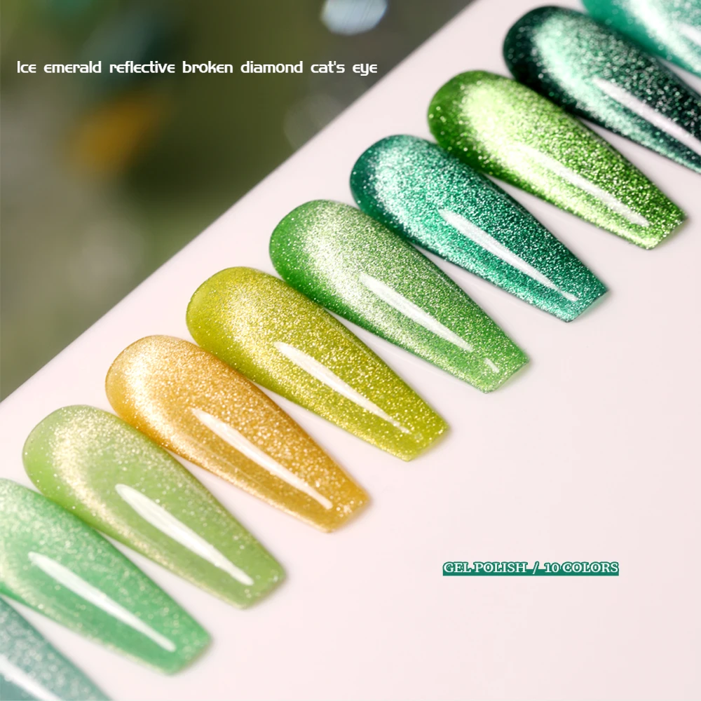 Vendeeni 10 색 반사 녹색 얼음 에메랄드 깨진 다이아몬드 고양이 눈 젤 매니큐어 UV LED 네일 아트 디자인 바니시 끄기