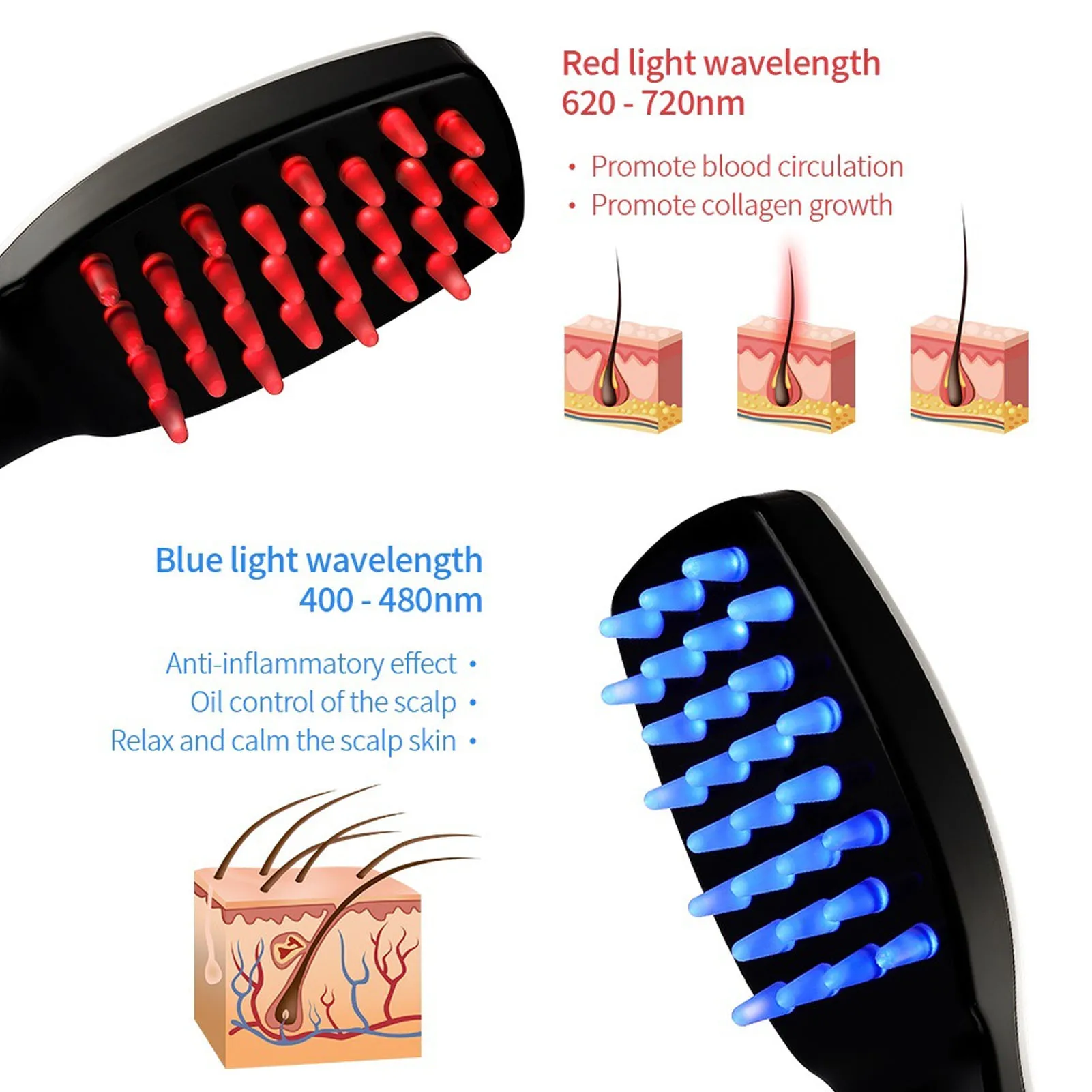 Scalp Massager Red Light Therapy Blue Light Therapy Hair Growth Brush Phototherapy Comb Vibration Massage Scalp Nourisher