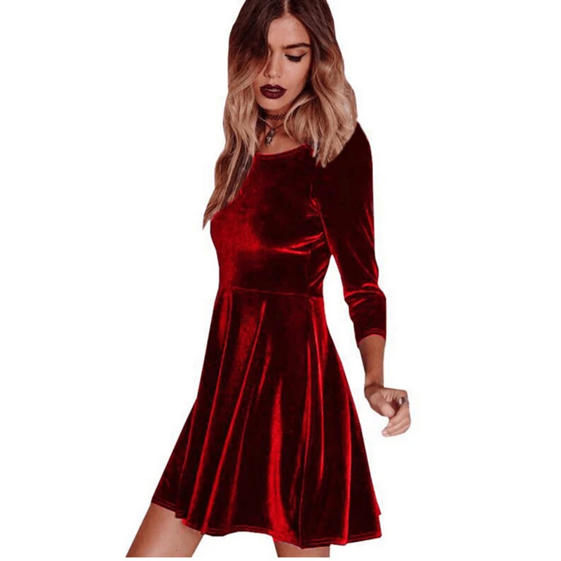 

Fashion Women Velvet Dress Spring Ladies Party Mini Dress Vestidos Women Velour Dress Long Sleeve Slim Tops Red