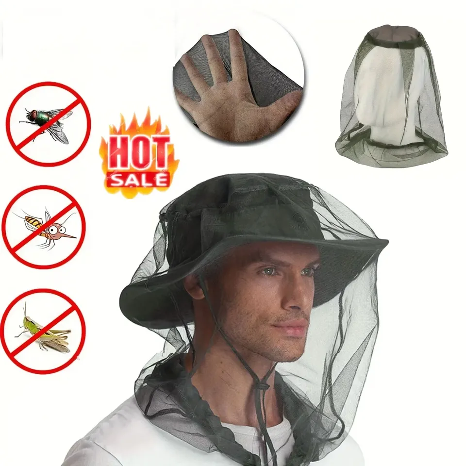 Mosquito Head Net Outdoor Breathable Insect Proof Hat Adjustable Mesh Hood for Hiking Camping Fishing