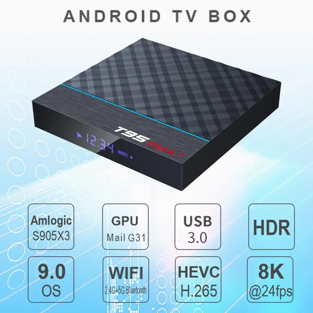 T95 MAX Plus Smart TV Box Android 9.0 Amlogic S905X3 100M 2.4G/5G Dual WIFI Bluetooth 4.0 HDR 8K 3D Media Player Set Top Box