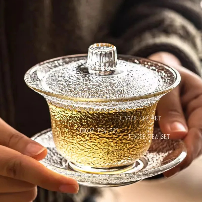 San Cai Gai Bowl Tea Cup 3pcs Set Tea Bowl Kungfu Teaset Glass Thickened Tropical Resistant Lid Tea Bowl Teaset Accessories