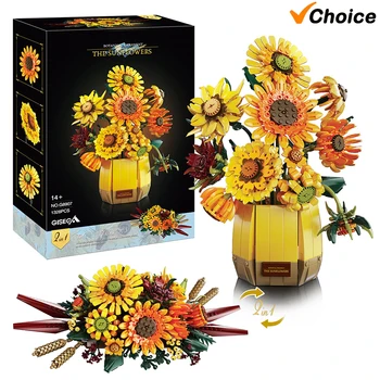 NEW 1328PCS Sunflower Creative Romantic Building Blocks Flowers Bouquet Vase Model Bricks Set Home Decoration Kids Toys Gifts