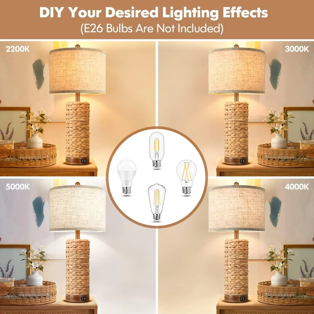 Set of 2 Rattan Table Lamps for Living Room with 2 USB Ports, 27in Tall Bedroom Lamp ,  E26 Socket&Rotary Switch, No Bulb 4