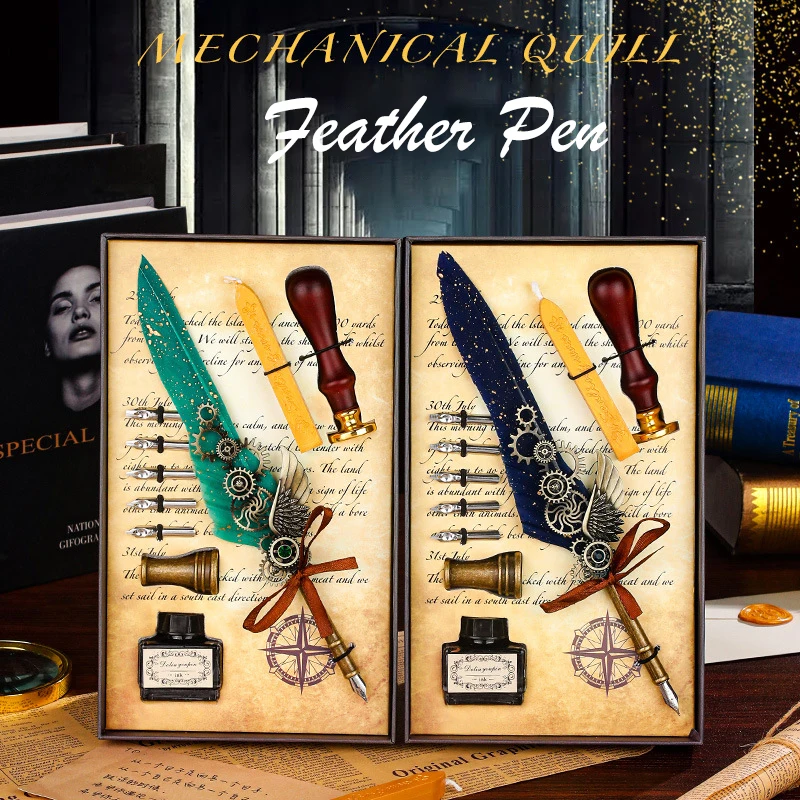 

Luxury Fountain Pen Set Vintage Sprinkling Gold Feather Pen Ink Bottle Calligraphy Writing Dip Pen Birthday Gift Box 5 Nib Quill