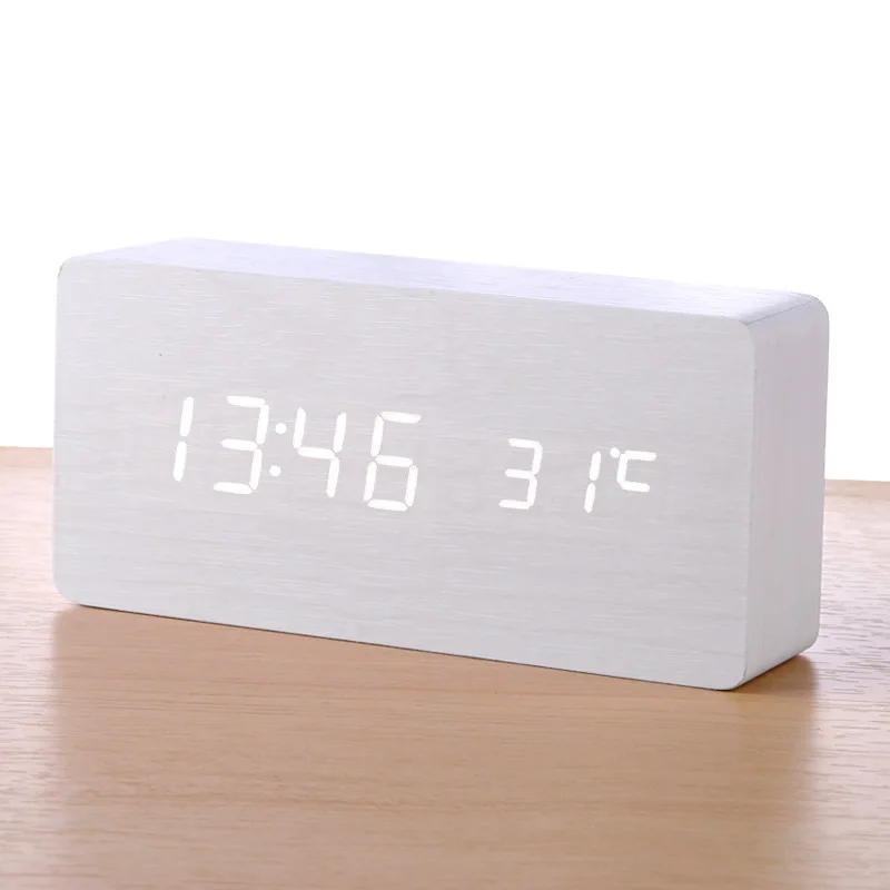 LED Student Alarm Clock Simple Wooden Clock Temperature Display Sound Control Desktop Home Decorative