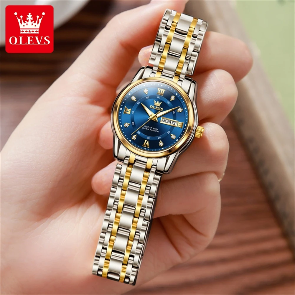 OLEVS Ladies Luminous Date Waterproof Quartz Watch Stainless Steel Dress Bracelet Wristwatch Women's Relogio Feminin