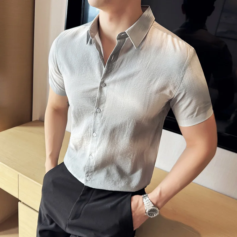 남성 패션 비즈니스 신사 한국 버전 5 분 소매 컬러 매칭 작업 그라데이션 인쇄 반팔 셔츠, 신제품