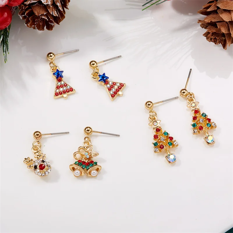 CLASSYZINT Christmas Tree Earrings For Women - Gold With Pink Bow & White Rhinestones, Holiday Dangle Earrings