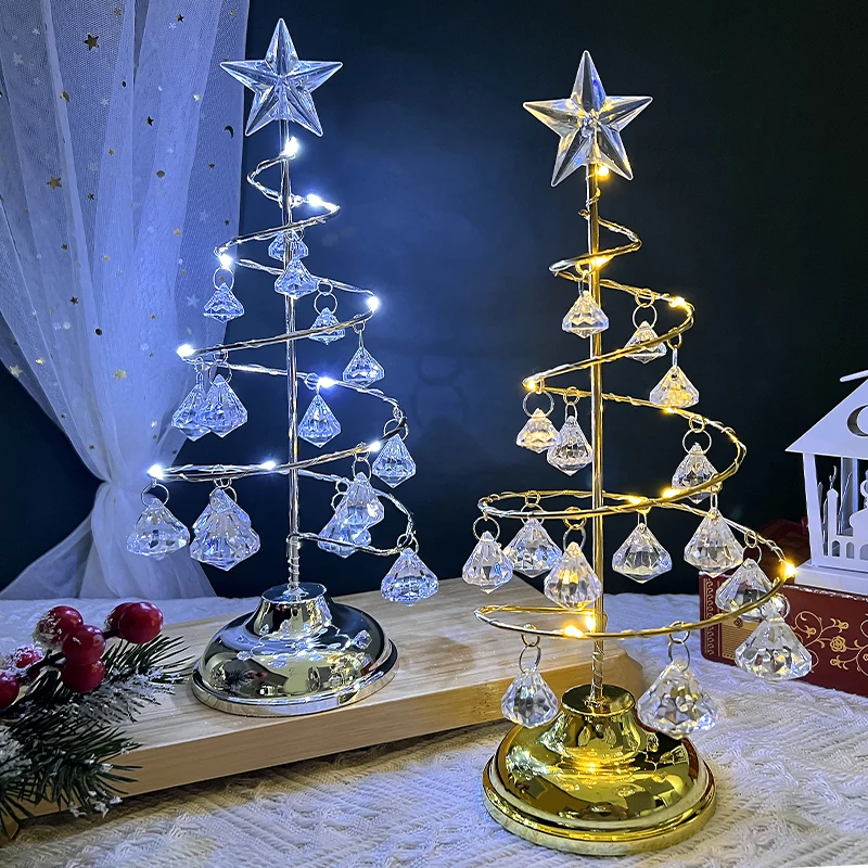 

LED Crystal Christmas Tree Light Iron Art Ornaments Glowing Christmas Tree Table Lamp Fairy Night Lights Bedroom Home Decoration