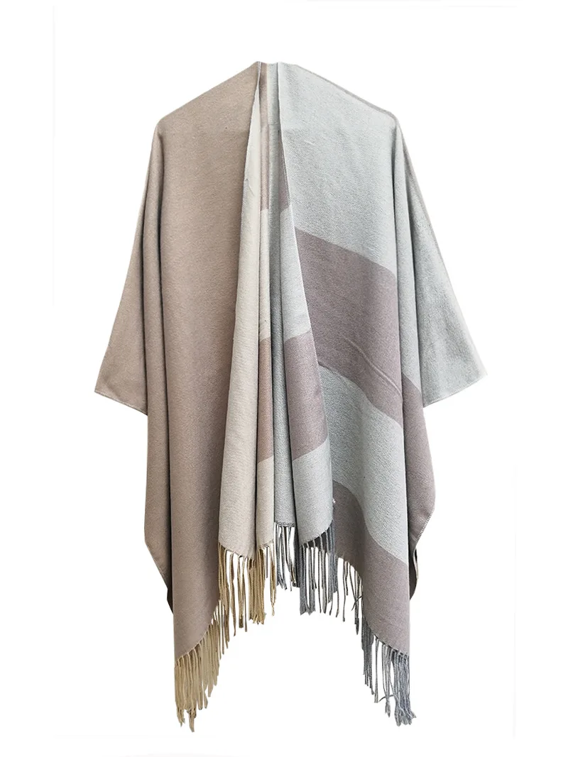 

Spring Autumn Geometric Jacquard Ethnic Style Tourism Split Tassel Shawl Women Air Conditioner Poncho Lady Capes Gray Cloaks