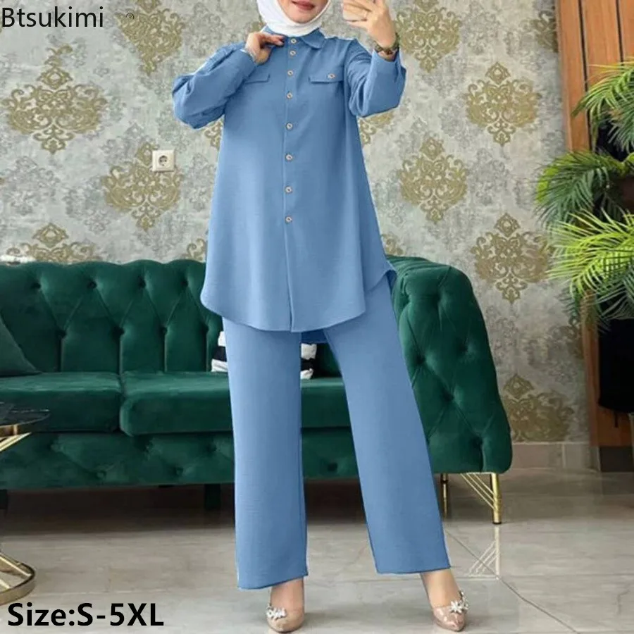 

2024 Muslim Fashion Sets Women's Solid Long Sleeve Shirt+Pants Two Piece Sets Ramadan Prayer Clothes Casual Blouse Outfits Femme