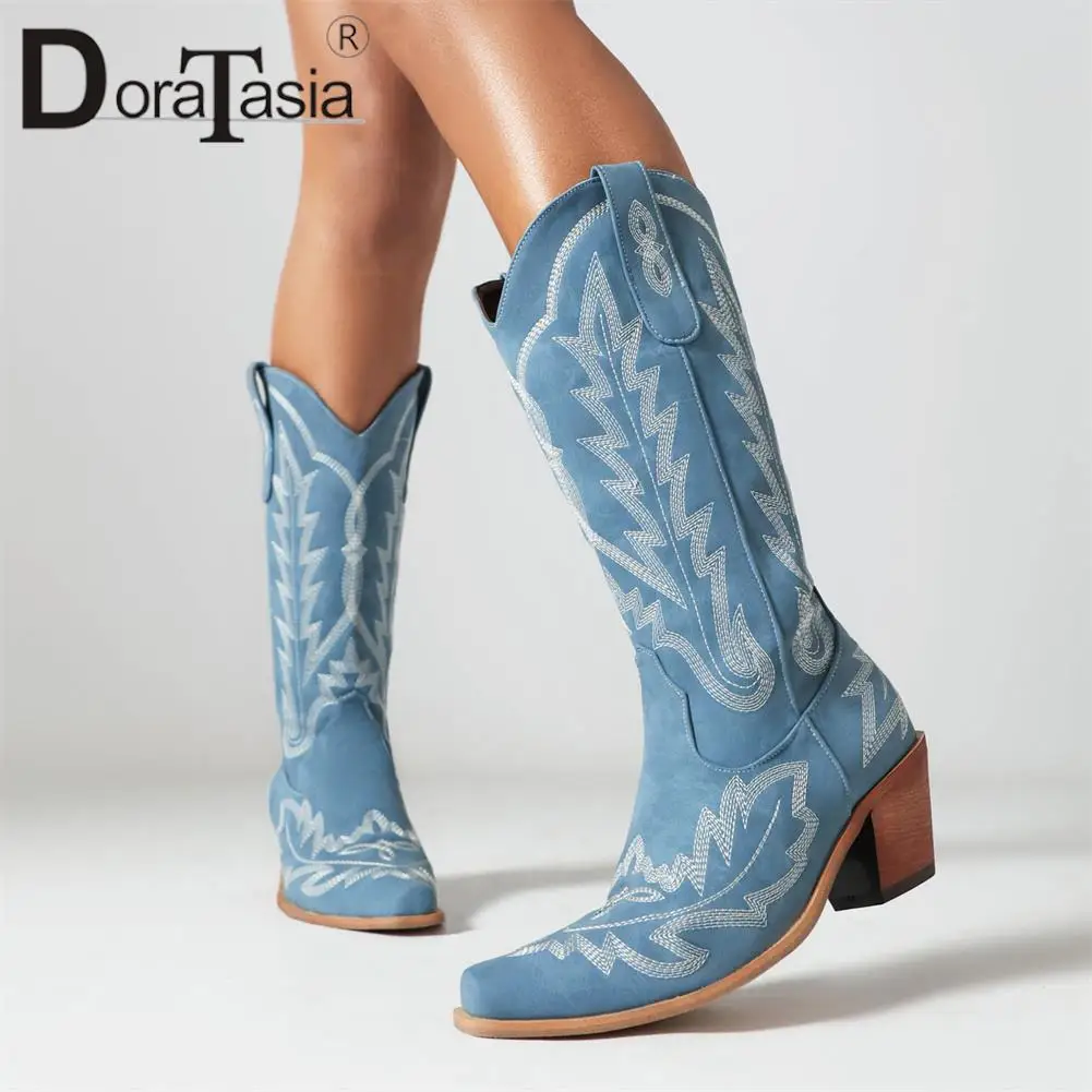 Brand Design Female Embroider Mid-Calf Cowgirl Boots Fashion Vintage Block Chunky Heels women's Western Boots Casual Woman Shoes