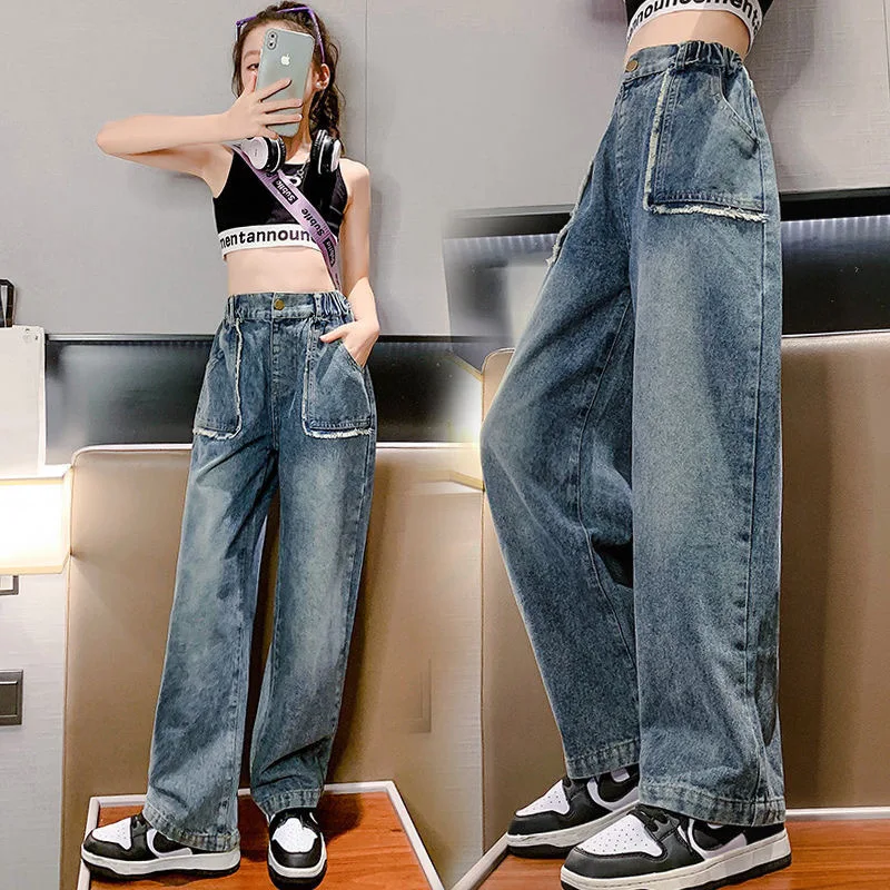 용수철 십대 소녀 데님 와이드 레그 팬츠, 어린이 바지, 캐주얼 청바지, 4, 6, 8, 10, 11, 12, 13 세 아동복, 여름