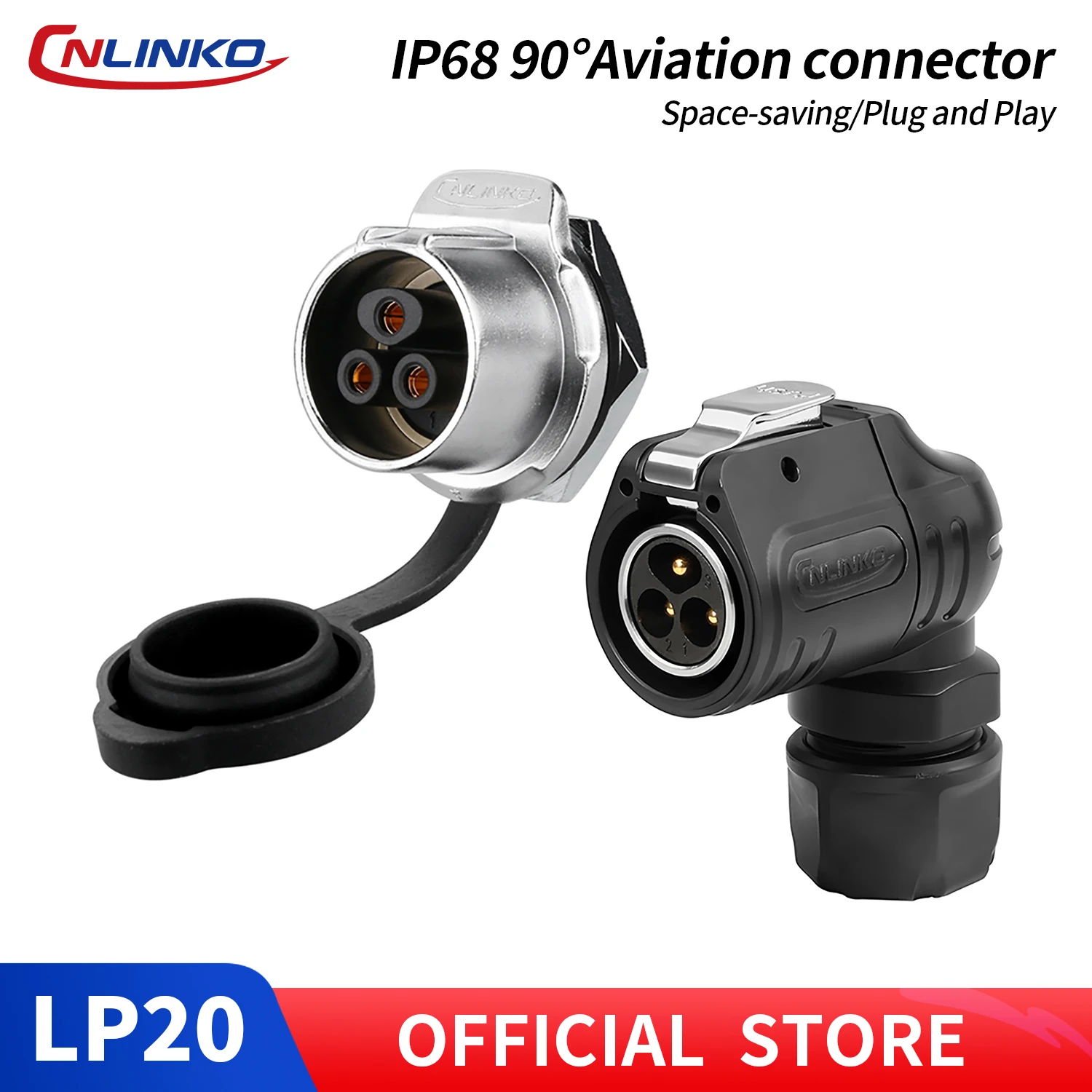 CNLINKO LP20 IP68 Wasserdichter Runder 90-Grad-Steckverbinder ° Lötverbinder Halbmetallisch Männlich/Weiblich für Transport, Schienen- und Industrieeinsatz