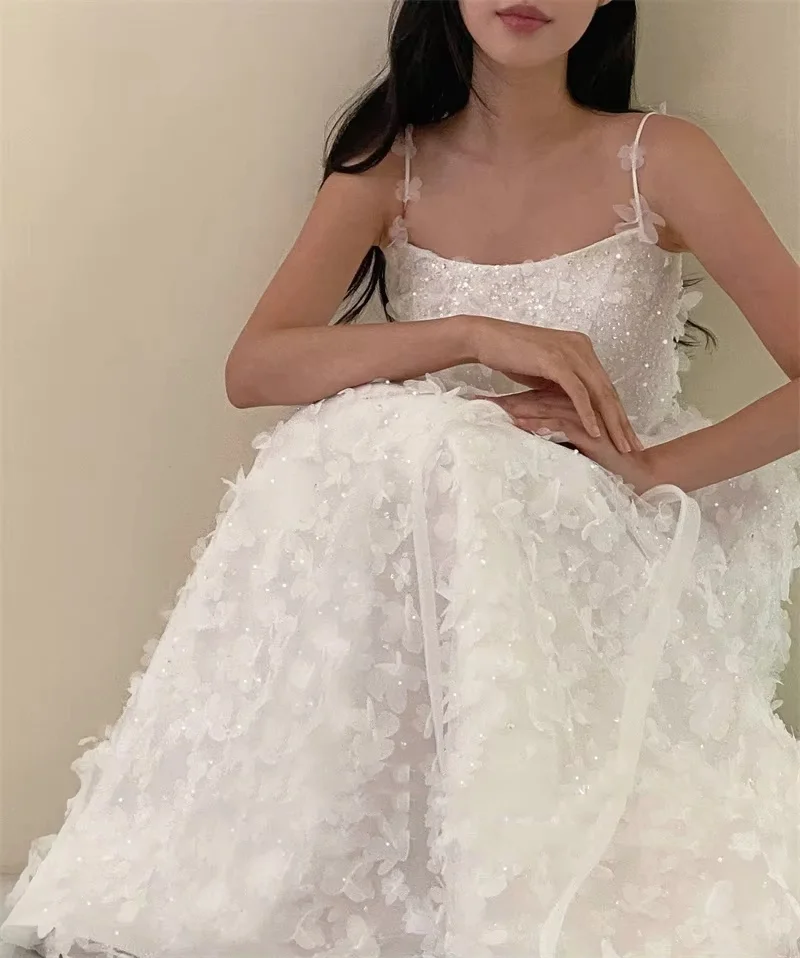 MD Spaghetti Strap A-line Tulle Wedding Dress Bead Korea Photoshoot Floor-Length Corset Customized Bride Gowns Corset 웨딩드레스 2025 3