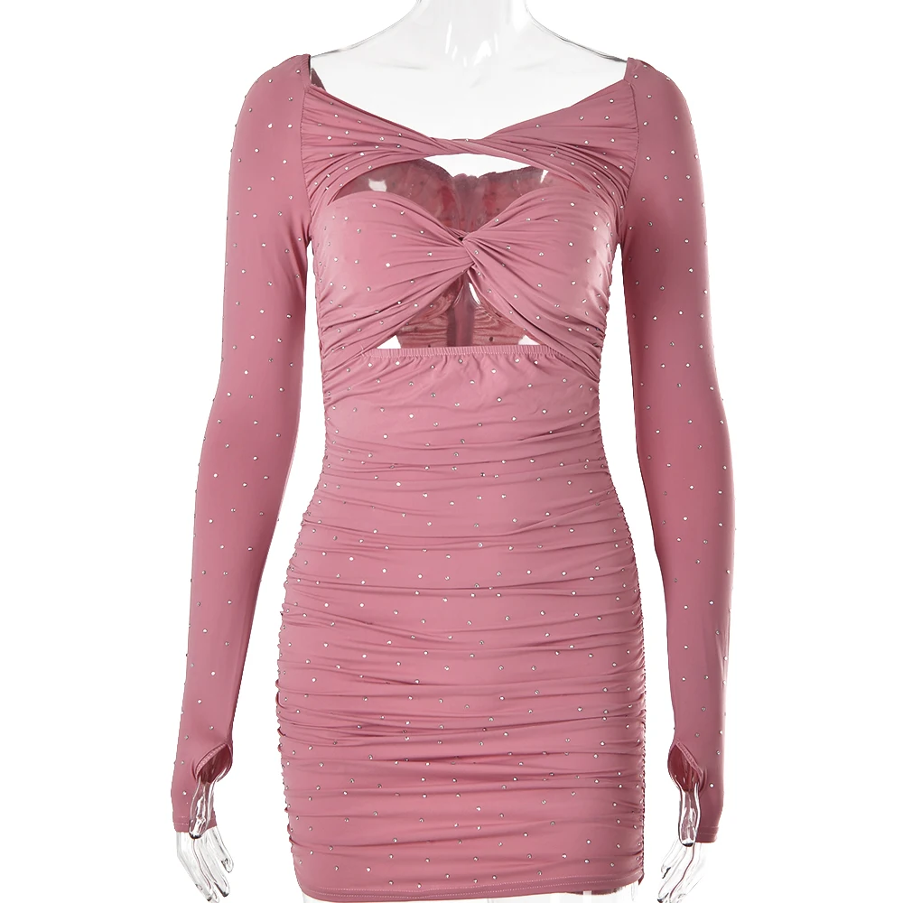 Ruched Cut Out Diamonds Long Sleeve Mini Dress Women Shirring Sweetheart-neck Slim Wrap Skirt Elegant Bodycon Partywear
