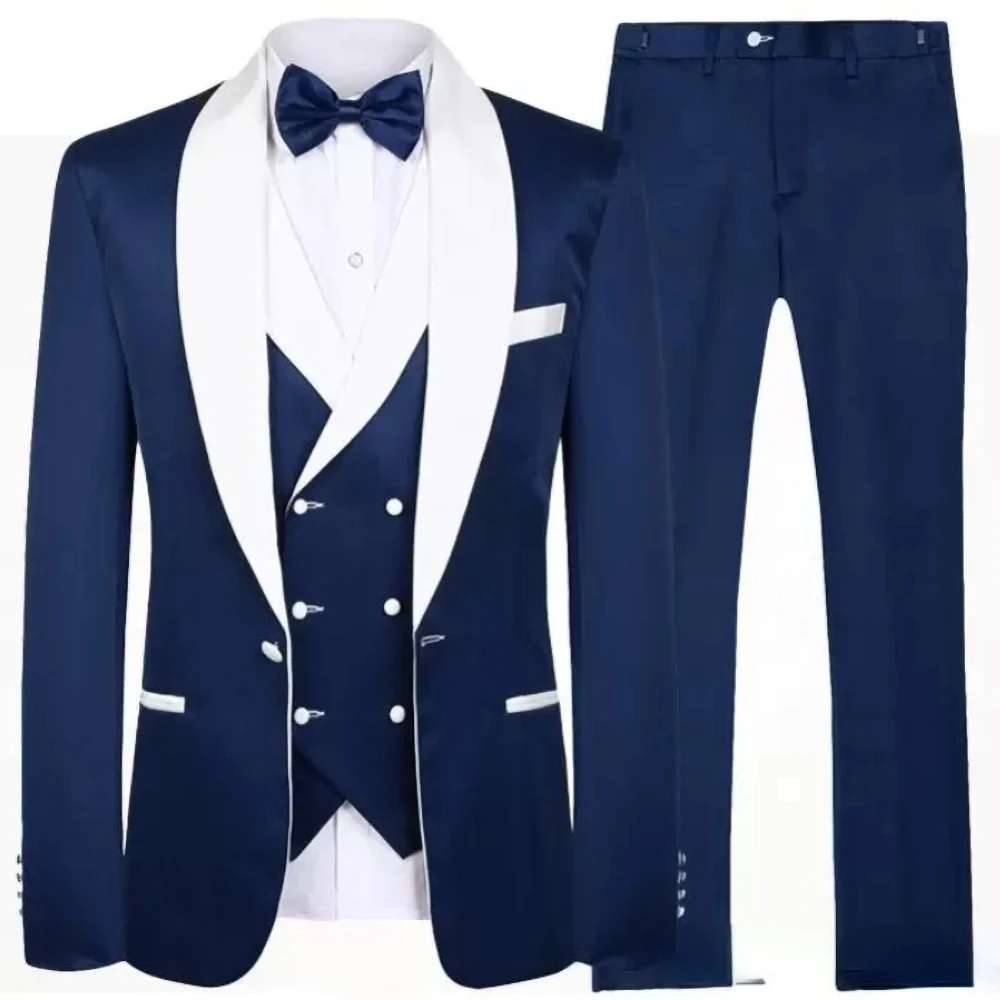 

Navy Blue Men Suits Fashion Shawl Lapel Single Breasted Male Blazer Business Casual Groom Wedding Elegant Tuxedo Slim 3 Piece