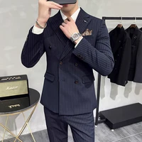 M-7XL ( Blazer + Pants ) Luxury Classic Striped Men's Official Office Casual Business Double -breasted Suit Groom Wedding Gown 4