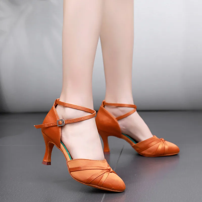 

High heels skin tone satin Latin dance shoes soft soles comfortable and modern training adult dance shoes