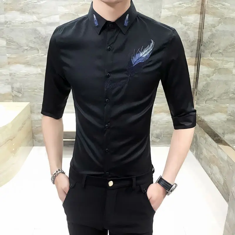 Summer New Square Collar Fashion Three Quarter Shirt Man High Street Casual Embroidered Cardigan Office Button All-match Tops