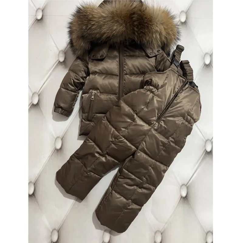 Зимний Комбинезон Дети Baby Down Jacket Set New Winter Boys And Girls Thickened Oversized Raccoon Fur Children's Ski Suit