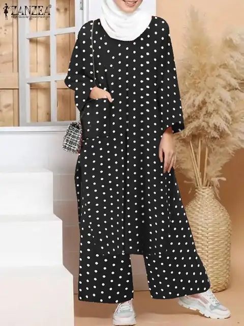 Women Muslim Long Sleeve Pants Sets Female Polka Dots 4