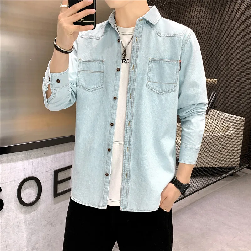 Jeans Shirt for Men Long Sleeved Denim Shirts Fashion Original Cotton Spring Autumn Blue KHAKI Loose Fit Boy Y2K Casual Jacket