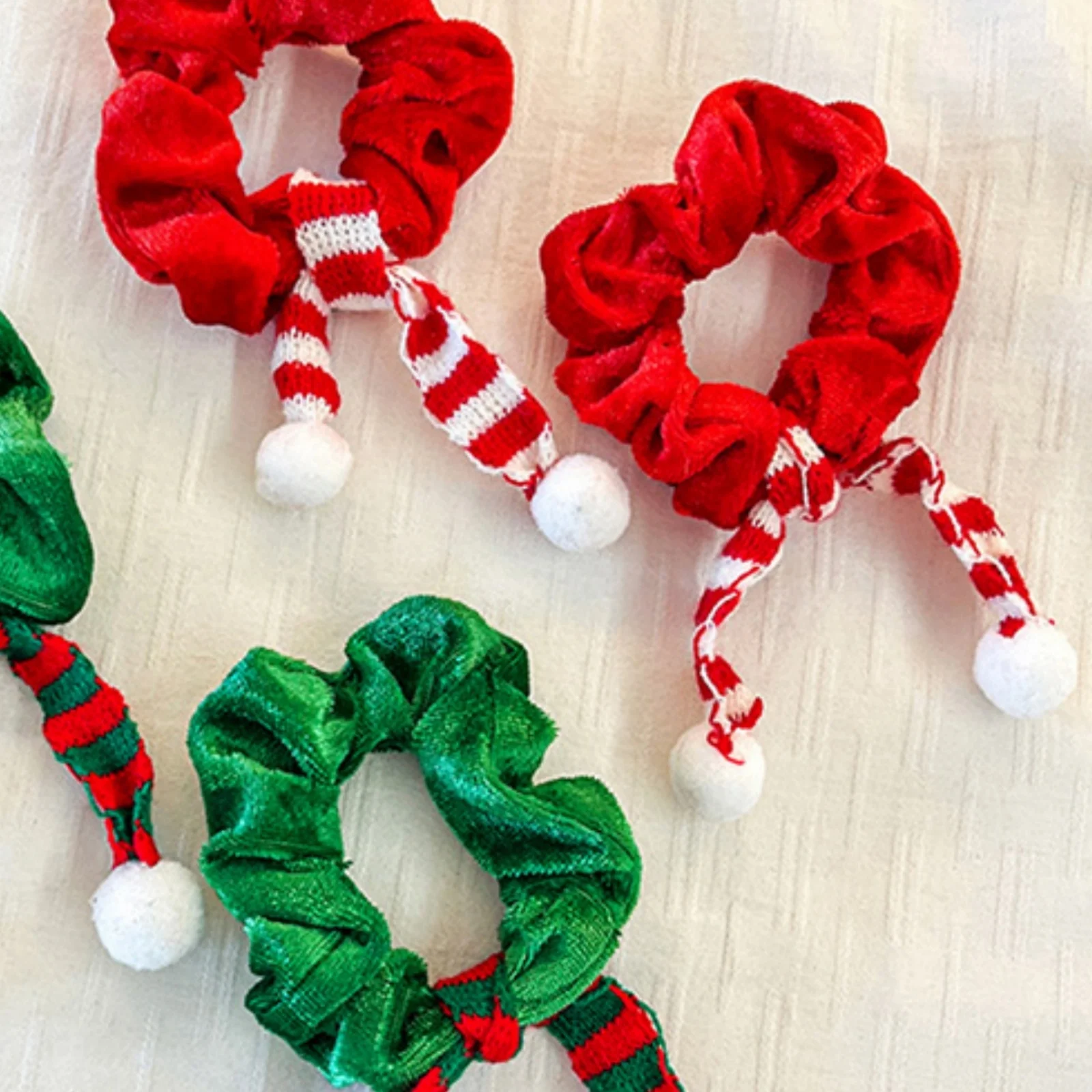 2PCS Christmas Velvet Scrunchies, Elf Hat Striped Hair Ties with Pom Poms,Xmas Party Hair Accessories for Women Girls Christmas