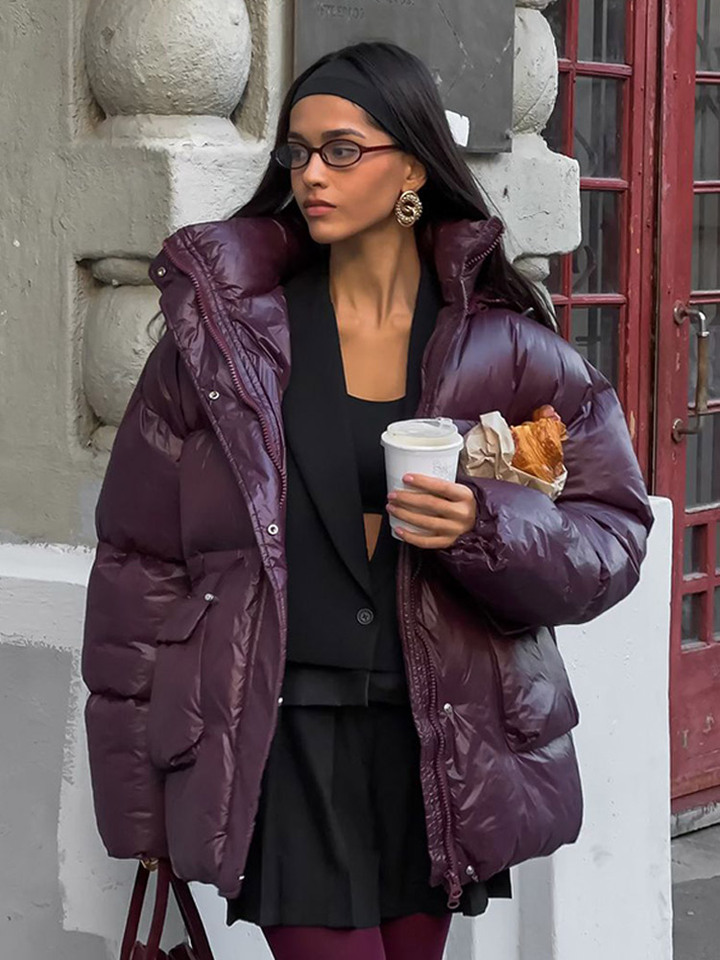Fashion Burgundy Winter Warm Thicken Zipper Jacket Women Chic Stand Collar Pocket Cotton Coat 2024 New Lady Commute Streetwear