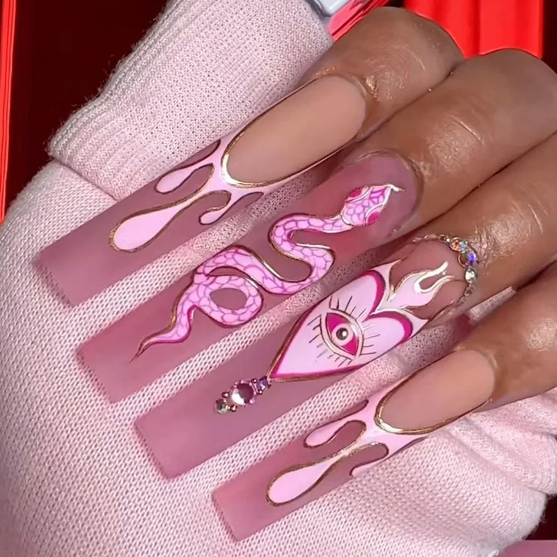 Full Cover 24Pcs False Nail Tips Pink French Snake Pattern Designs Long Ballet Fake Nail with Rhinestone Weara_voghion.com