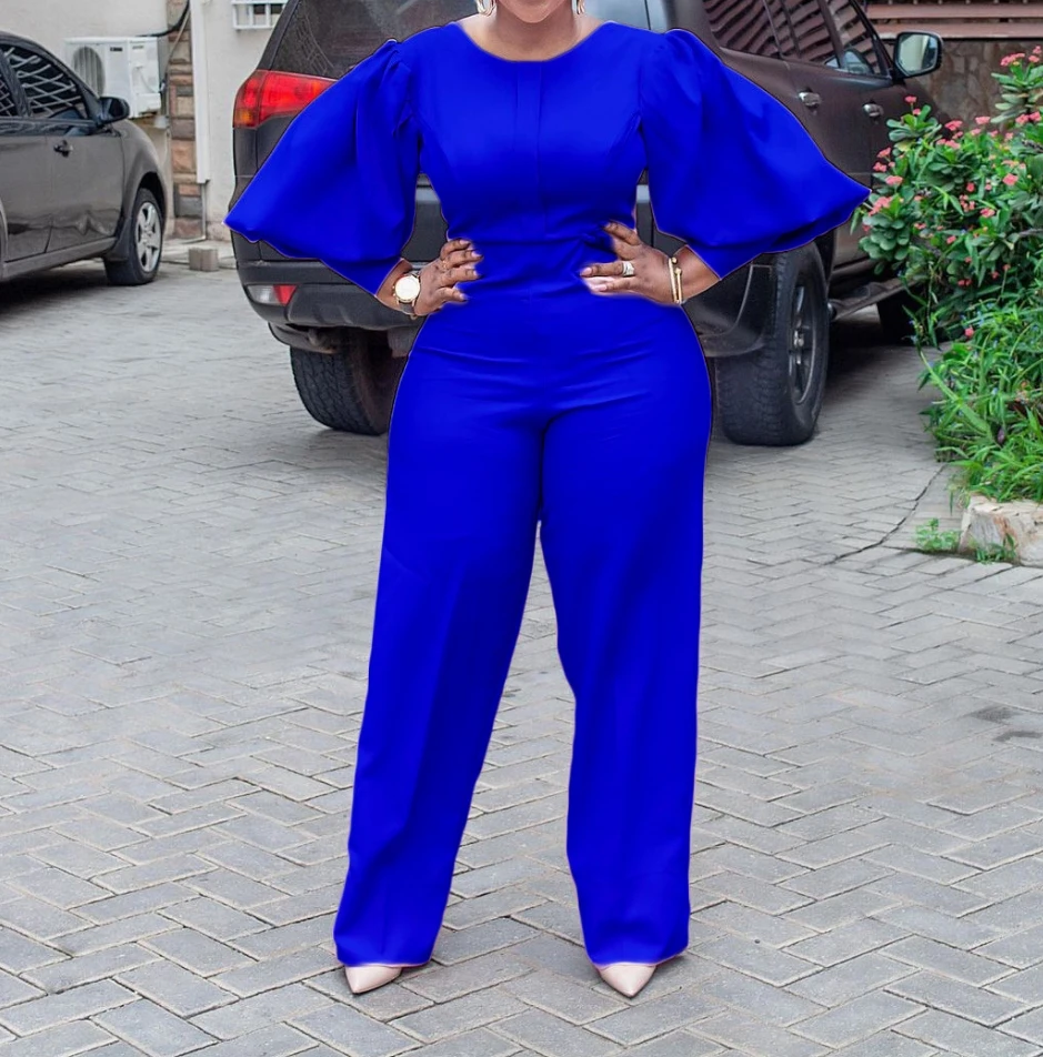 Women's Plus Size Bodysuit 2024 New O Neck Bubble Slim Fit Solid Color Sleeves Oversized Wide Leg High Waist Long Jumpsuit